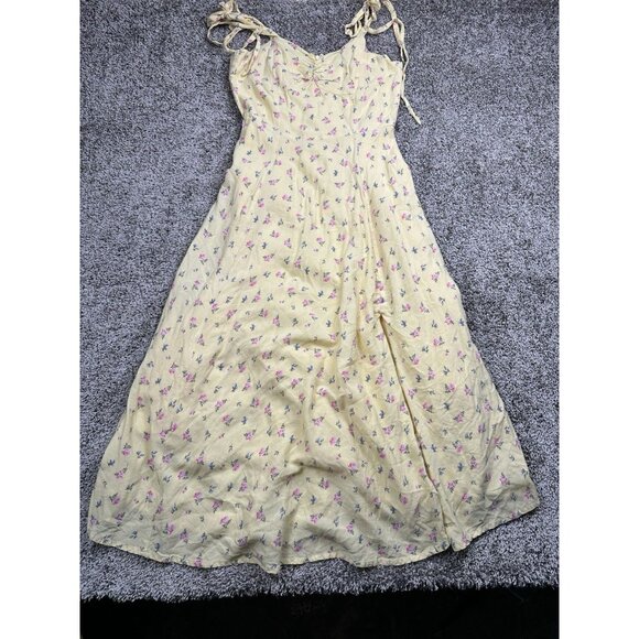 Bardot Yellow Floral Midi‎ Dress Ruched Bust Tie Strap Cottagecore boho 6/S - Picture 1 of 6